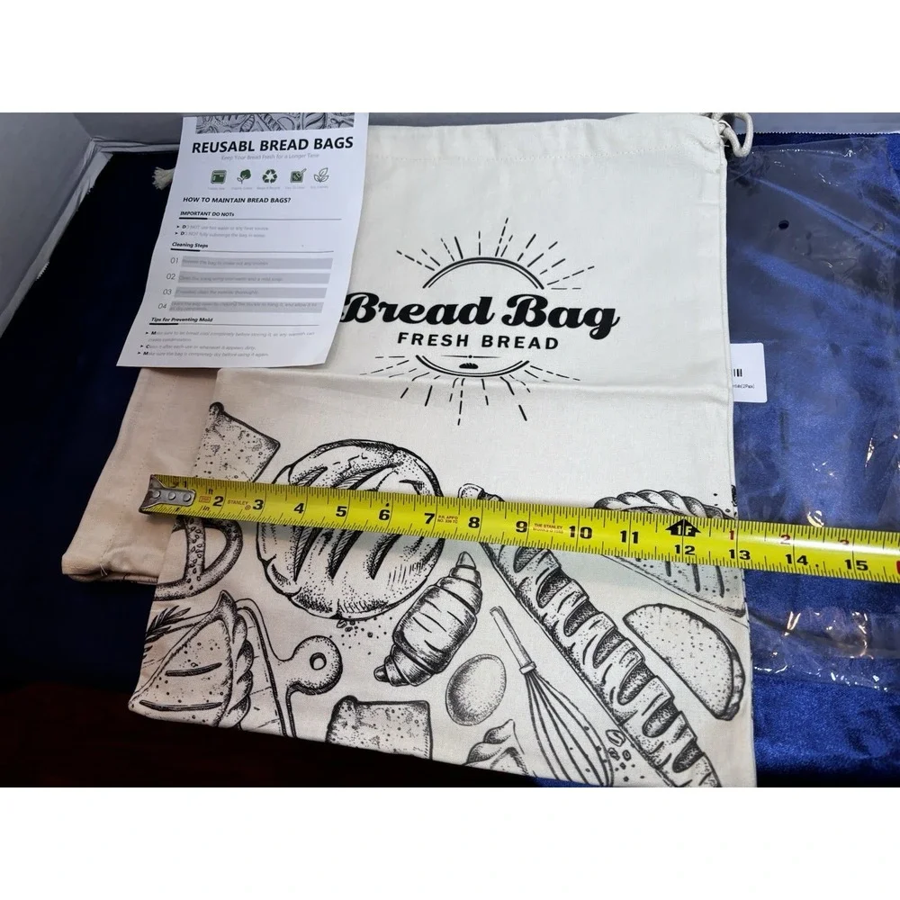 Lemzodo Cotton Reusable Bread Bags Large 2-Pack Beige/Black Freezer Safe[Z]